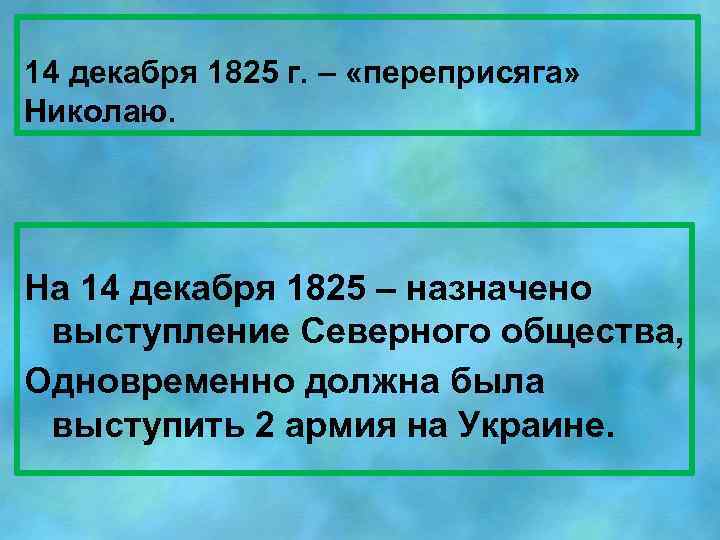 14 декабря 1825 г. – «переприсяга» Николаю. На 14 декабря 1825 – назначено выступление