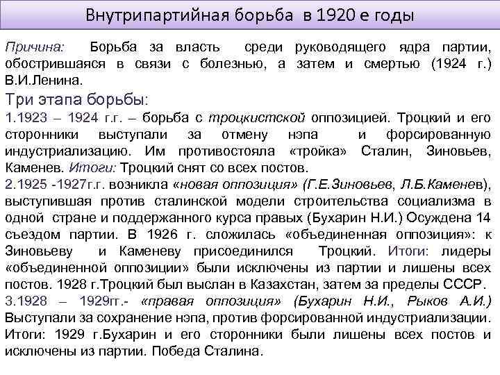Внутрипартийная борьба в 1920 е годы Причина: Борьба за власть среди руководящего ядра партии,