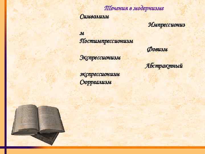 Течения в модернизме Символизм Импрессиониз м Постимпрессионизм Фовизм Экспрессионизм Абстрактный экспрессионизм Сюрреализм 