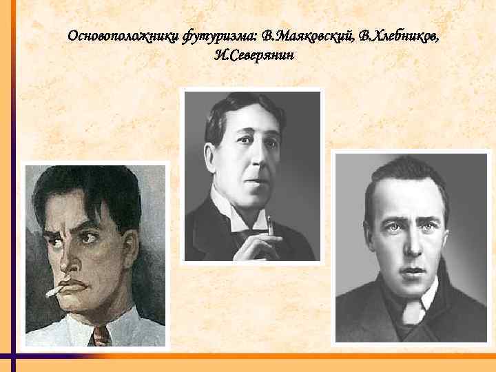 Основоположники футуризма: В. Маяковский, В. Хлебников, И. Северянин 