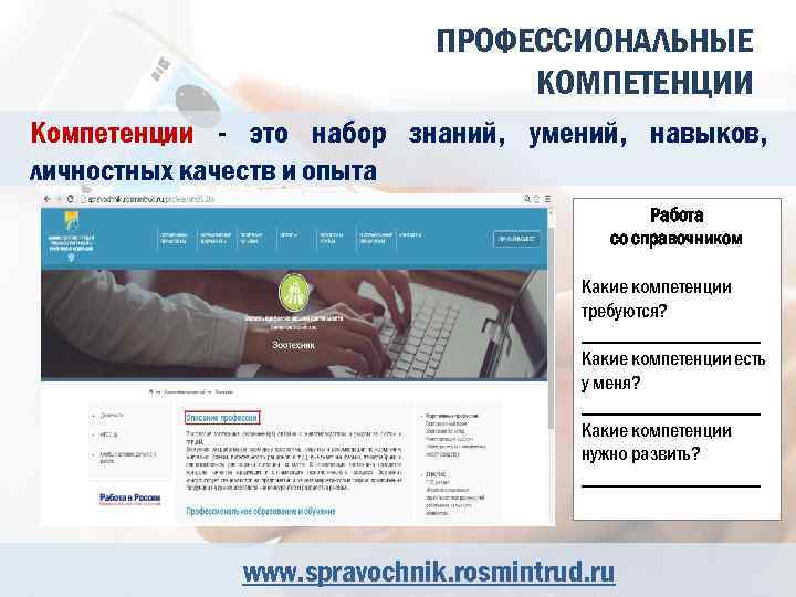 ПРОФЕССИОНАЛЬНЫЕ КОМПЕТЕНЦИИ Компетенции - это набор знаний, умений, навыков, личностных качеств и опыта Работа