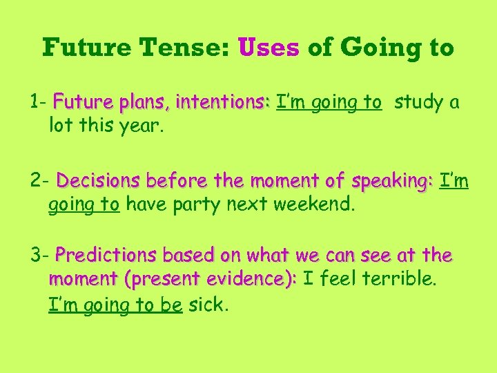 Future Tense: Uses of Going to 1 - Future plans, intentions: I’m going to