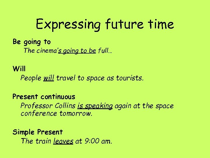 Expressing future time Be going to The cinema’s going to be full… Will People