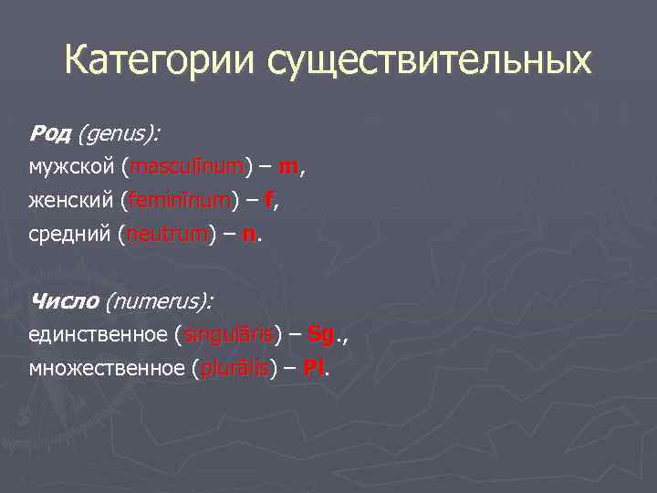 Категории существительных Род (genus): мужской (masculīnum) – m, женский (feminīnum) – f, средний (neutrum)