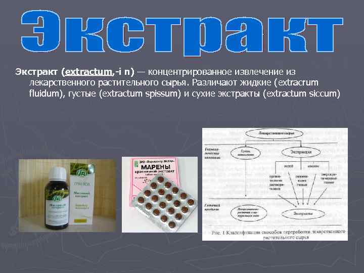 Экстракт (extractum, -i n) — концентрированное извлечение из лекарственного растительного сырья. Различают жидкие (extracrum