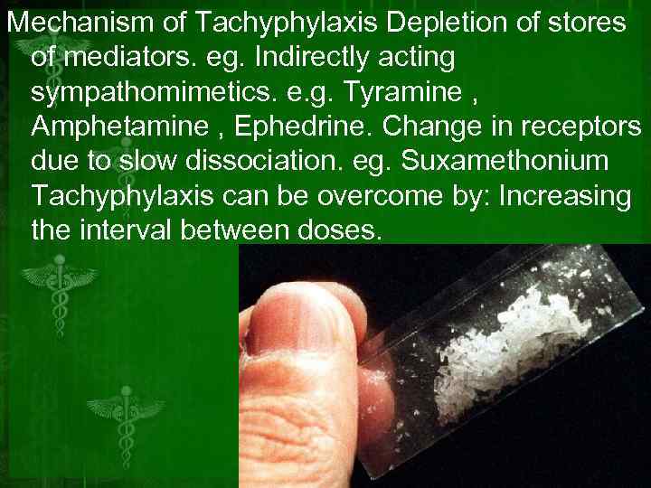 Mechanism of Tachyphylaxis Depletion of stores of mediators. eg. Indirectly acting sympathomimetics. e. g.