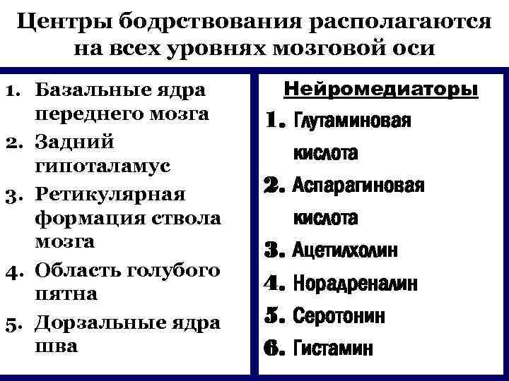 Центры бодрствования располагаются на всех уровнях мозговой оси 1. Базальные ядра переднего мозга 2.