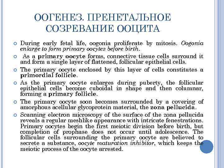 ООГЕНЕЗ. ПРЕНЕТАЛЬНОЕ СОЗРЕВАНИЕ ООЦИТА During early fetal life, oogonia proliferate by mitosis. Oogonia enlarge