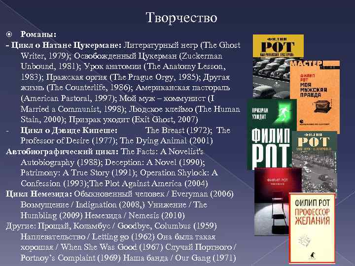 Творчество Романы: - Цикл о Натане Цукермане: Литературный негр (The Ghost Writer, 1979); Освобожденный