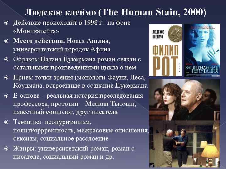 Людское клеймо (The Human Stain, 2000) Действие происходит в 1998 г. на фоне «Моникагейта»