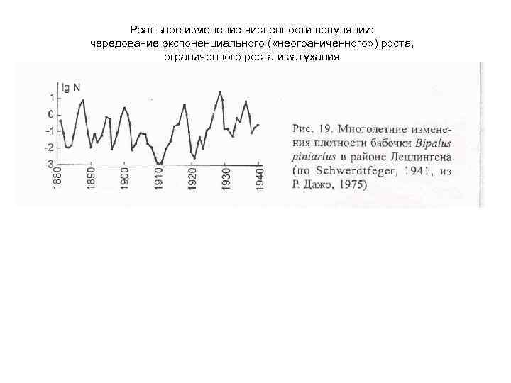 Реальное изменение численности популяции: чередование экспоненциального ( «неограниченного» ) роста, ограниченного роста и затухания