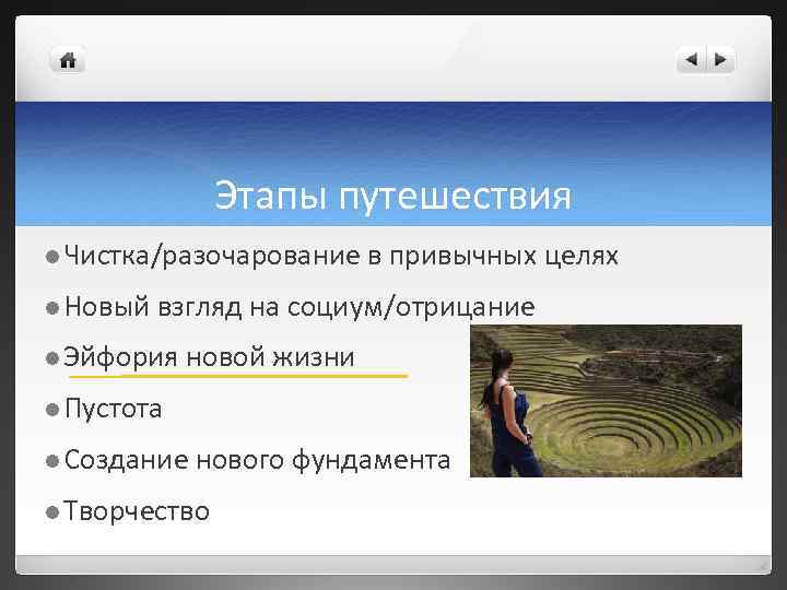 Этапы путешествия l Чистка/разочарование l Новый в привычных целях взгляд на социум/отрицание l Эйфория