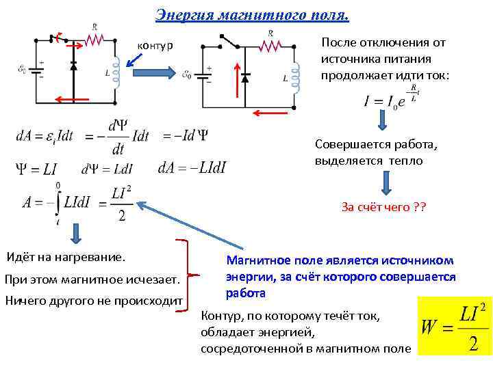 Энергия магнитного поля. контур После отключения от источника питания продолжает идти ток: Совершается работа,