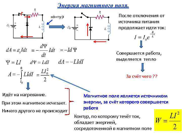 Энергия магнитного поля. контур После отключения от источника питания продолжает идти ток: Совершается работа,