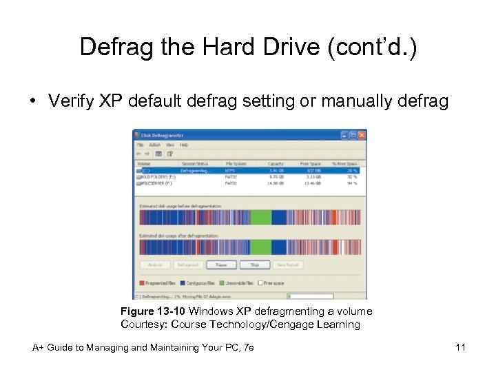 Defrag the Hard Drive (cont’d. ) • Verify XP default defrag setting or manually