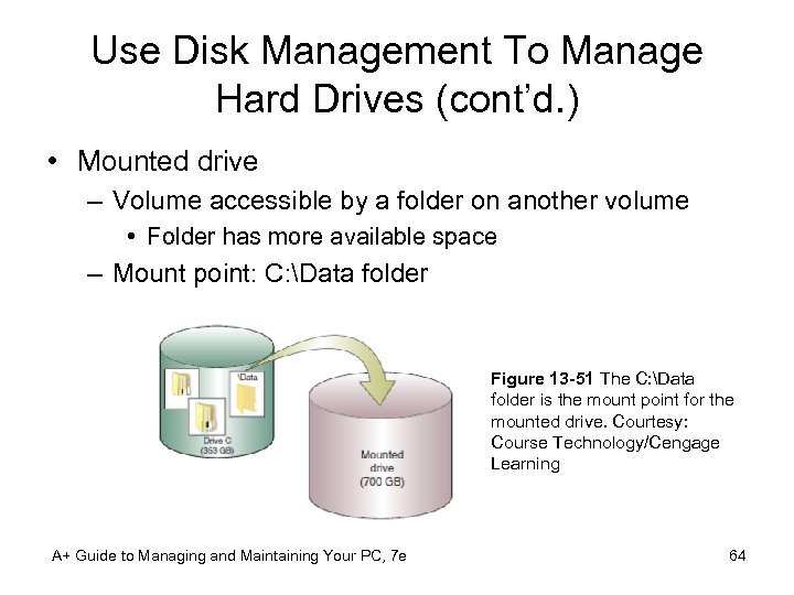 Use Disk Management To Manage Hard Drives (cont’d. ) • Mounted drive – Volume