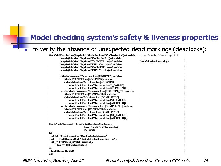 Model checking system’s safety & liveness properties n to verify the absence of unexpected
