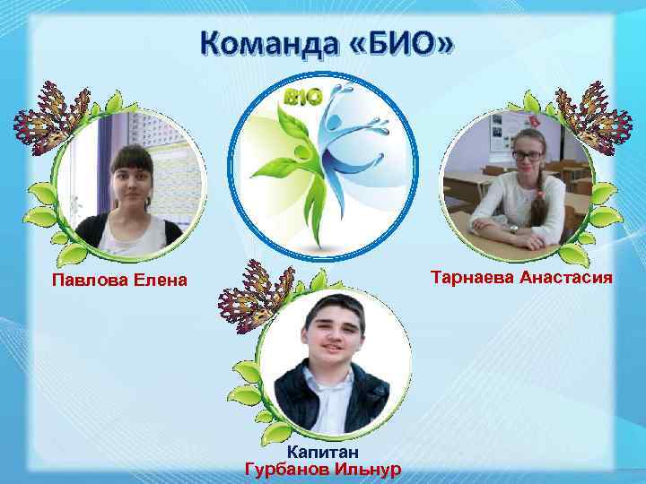 Команда «БИО» Тарнаева Анастасия Павлова Елена Капитан Гурбанов Ильнур 