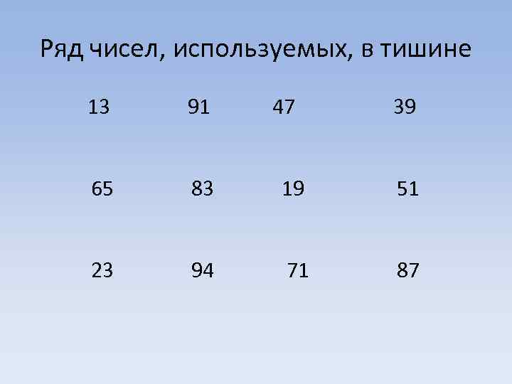 Ряд чисел, используемых, в тишине 13 91 47 39 65 83 19 51 23