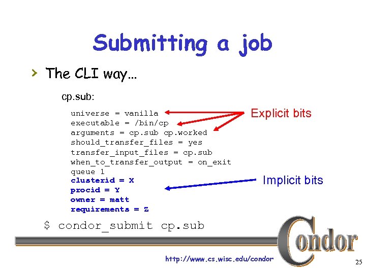 Submitting a job › The CLI way… cp. sub: universe = vanilla executable =