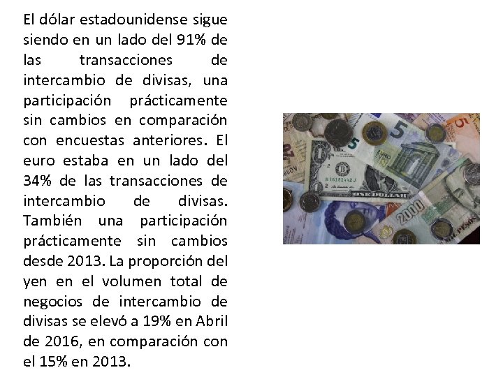 El dólar estadounidense sigue siendo en un lado del 91% de las transacciones de