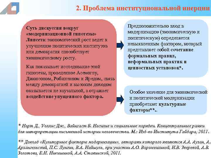 2. Проблема институциональной инерции Суть дискуссии вокруг «модернизационной гипотезы» Липсета: экономический рост ведет к