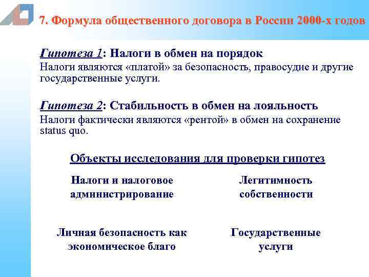 7. Формула общественного договора в России 2000 -х годов Гипотеза 1: Налоги в обмен