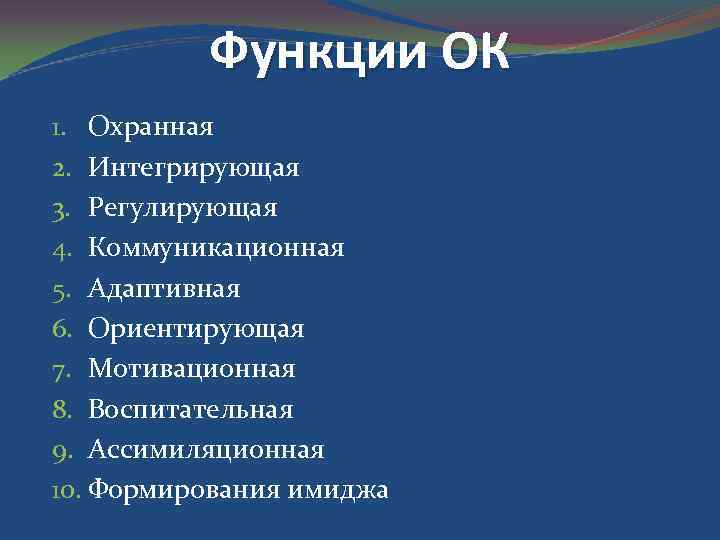 Функции ОК 1. Охранная 2. Интегрирующая 3. Регулирующая 4. Коммуникационная 5. Адаптивная 6. Ориентирующая