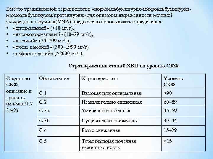 Вместо традиционной терминологии «нормоальбуминурия-микроальбуминуриямакроальбуминурия/протеинурия» для описания выраженности мочевой экскреции альбумина(МЭА) предложено использовать определения: •