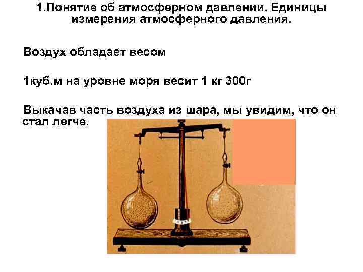 1. Понятие об атмосферном давлении. Единицы измерения атмосферного давления. Воздух обладает весом 1 куб.