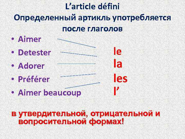 L’article défini Определенный артикль употребляется после глаголов • Aimer le • Detester la •