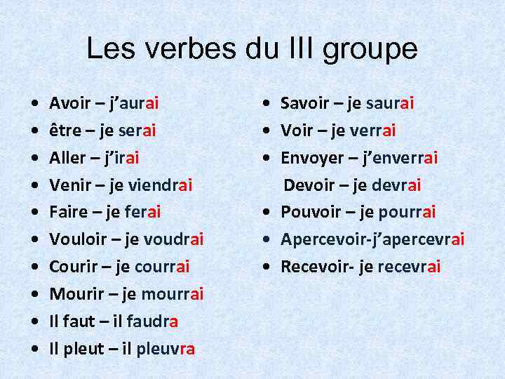Les verbes du III groupe • • • Avoir – j’aurai être – je