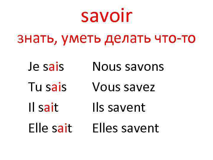 savoir знать, уметь делать что-то Je sais Tu sais Il sait Elle sait Nous