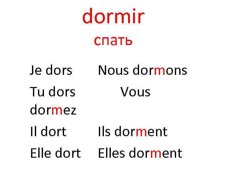 dormir спать Je dors Tu dors dormez Il dort Elle dort Nous dormons Vous