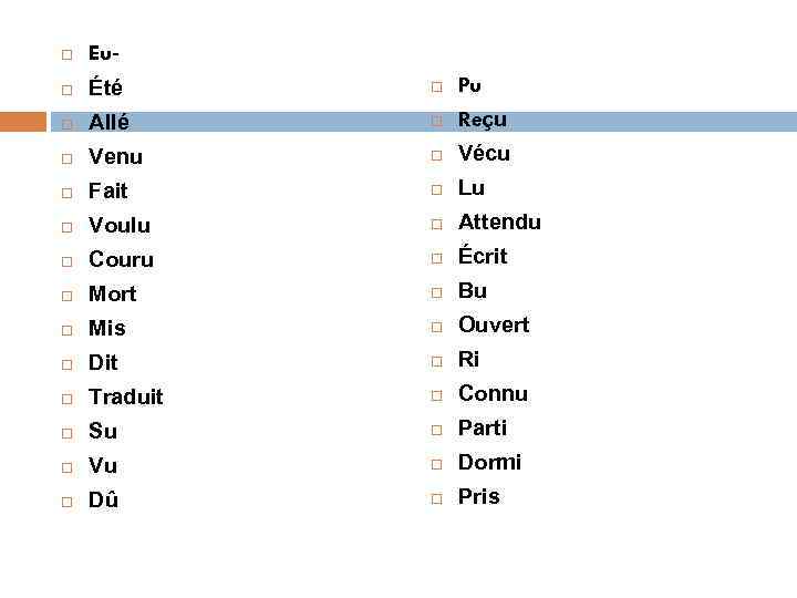  Eu- Été Pu Allé Reçu Venu Vécu Fait Lu Voulu Attendu Couru Écrit