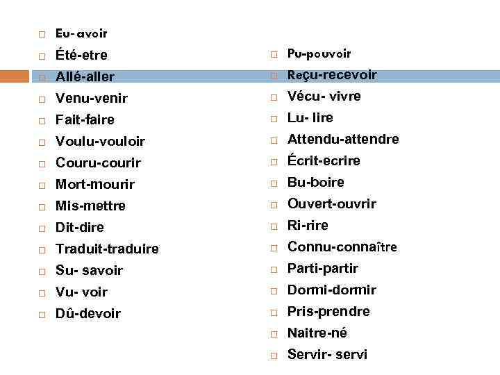  Eu- avoir Été-etre Pu-pouvoir Allé-aller Reçu-recevoir Venu-venir Vécu- vivre Fait-faire Lu- lire Voulu-vouloir