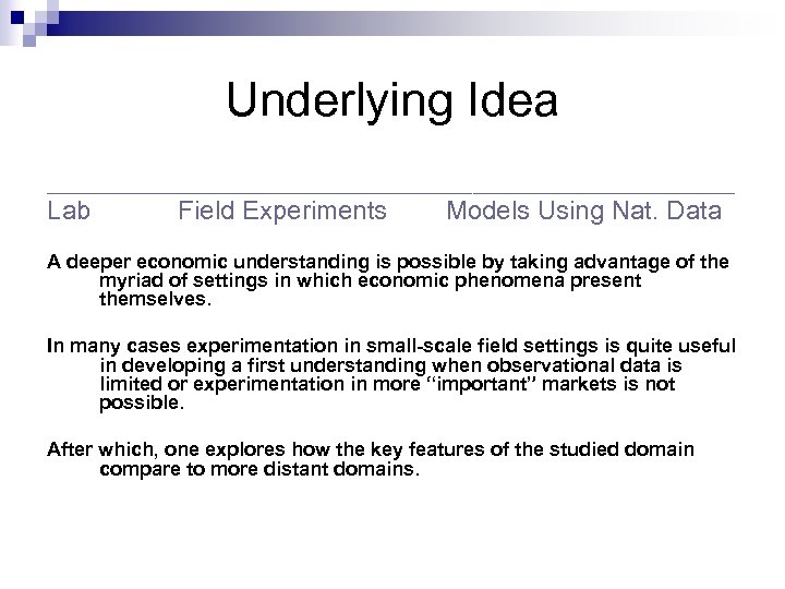 Underlying Idea ________________________________ Lab Field Experiments Models Using Nat. Data A deeper economic understanding