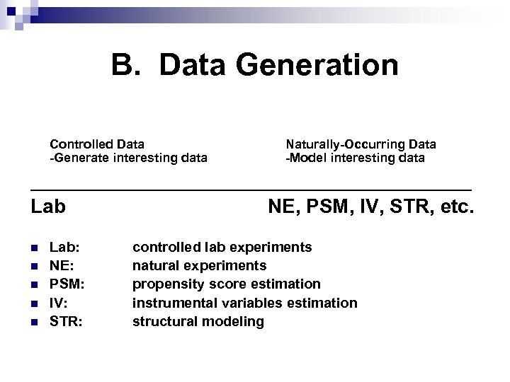 B. Data Generation Controlled Data -Generate interesting data Naturally-Occurring Data -Model interesting data ____________________