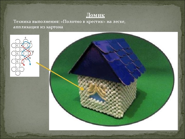 Домик Техника выполнения: «Полотно в крестик» на леске, аппликация из картона 