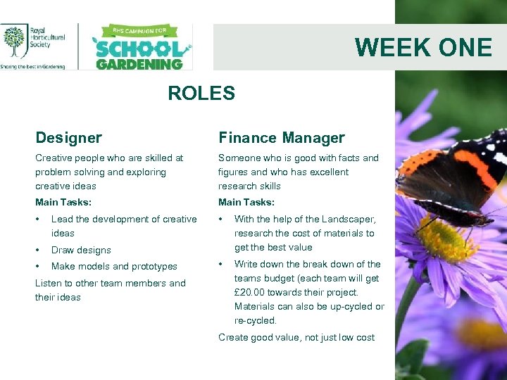 WEEK ONE ROLES Designer Finance Manager Creative people who are skilled at problem solving