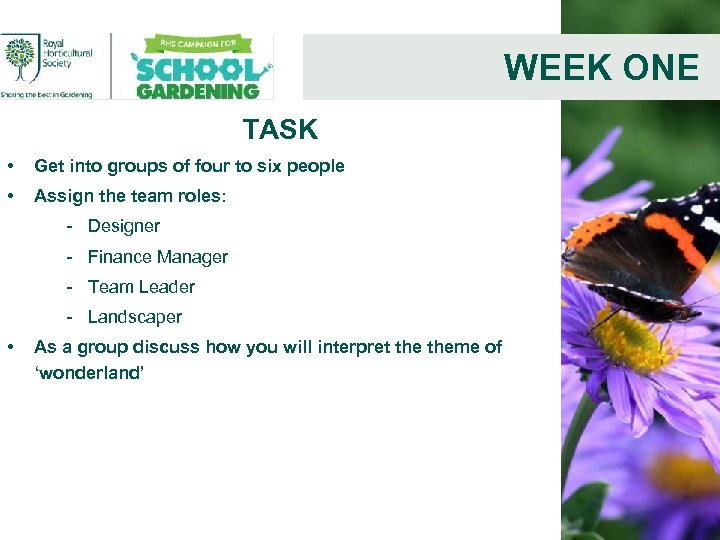 WEEK ONE TASK • Get into groups of four to six people • Assign