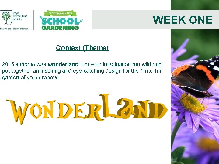 WEEK ONE Context (Theme) 2015’s theme was wonderland. Let your imagination run wild and