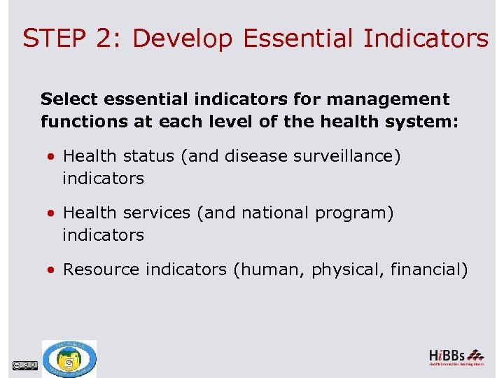 STEP 2: Develop Essential Indicators Select essential indicators for management functions at each level