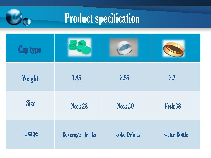 Product specification Cap type Weight 1. 85 Size Neck 28 Usage Beverage Drinks 2.