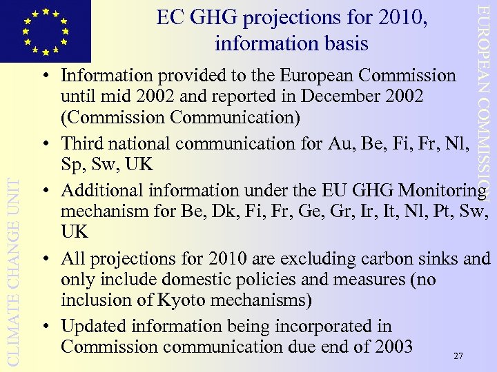 CLIMATE CHANGE UNIT EUROPEAN COMMISSION EC GHG projections for 2010, information basis • Information