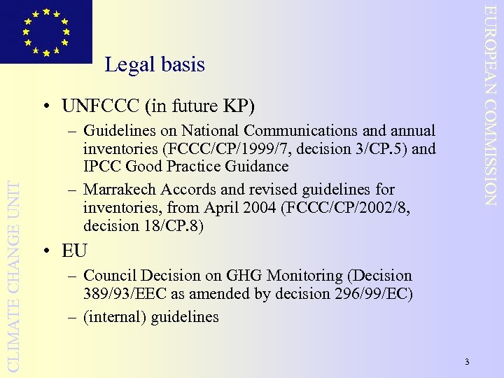EUROPEAN COMMISSION Legal basis CLIMATE CHANGE UNIT • UNFCCC (in future KP) – Guidelines