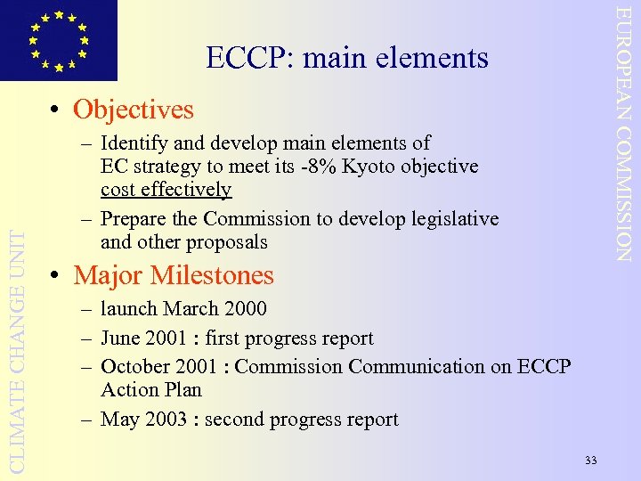 EUROPEAN COMMISSION ECCP: main elements CLIMATE CHANGE UNIT • Objectives – Identify and develop