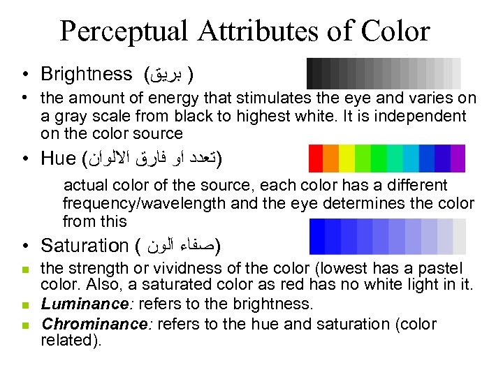 Perceptual Attributes of Color • Brightness ( ) ﺑﺮﻳﻖ • the amount of energy