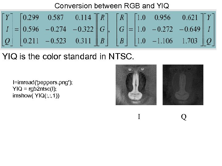 Conversion between RGB and YIQ is the color standard in NTSC. I=imread('peppers. png'); YIQ