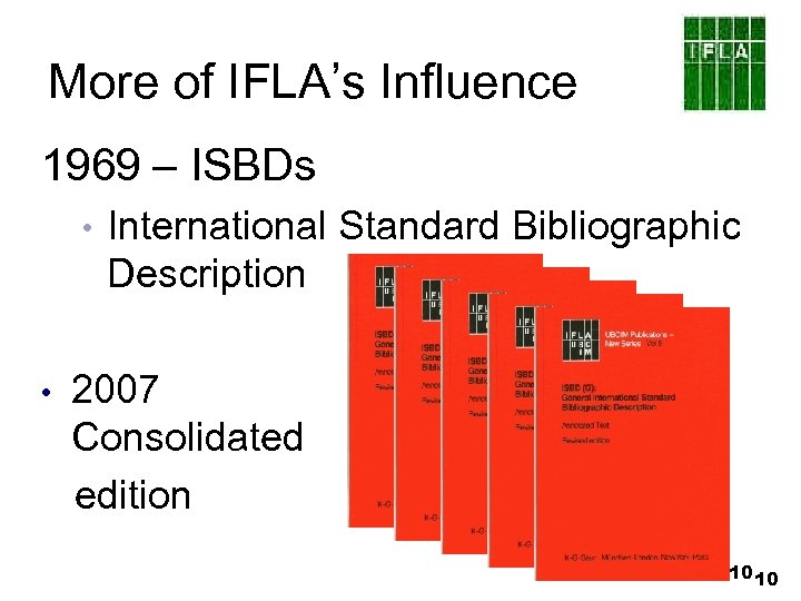 More of IFLA’s Influence 1969 – ISBDs • • International Standard Bibliographic Description 2007
